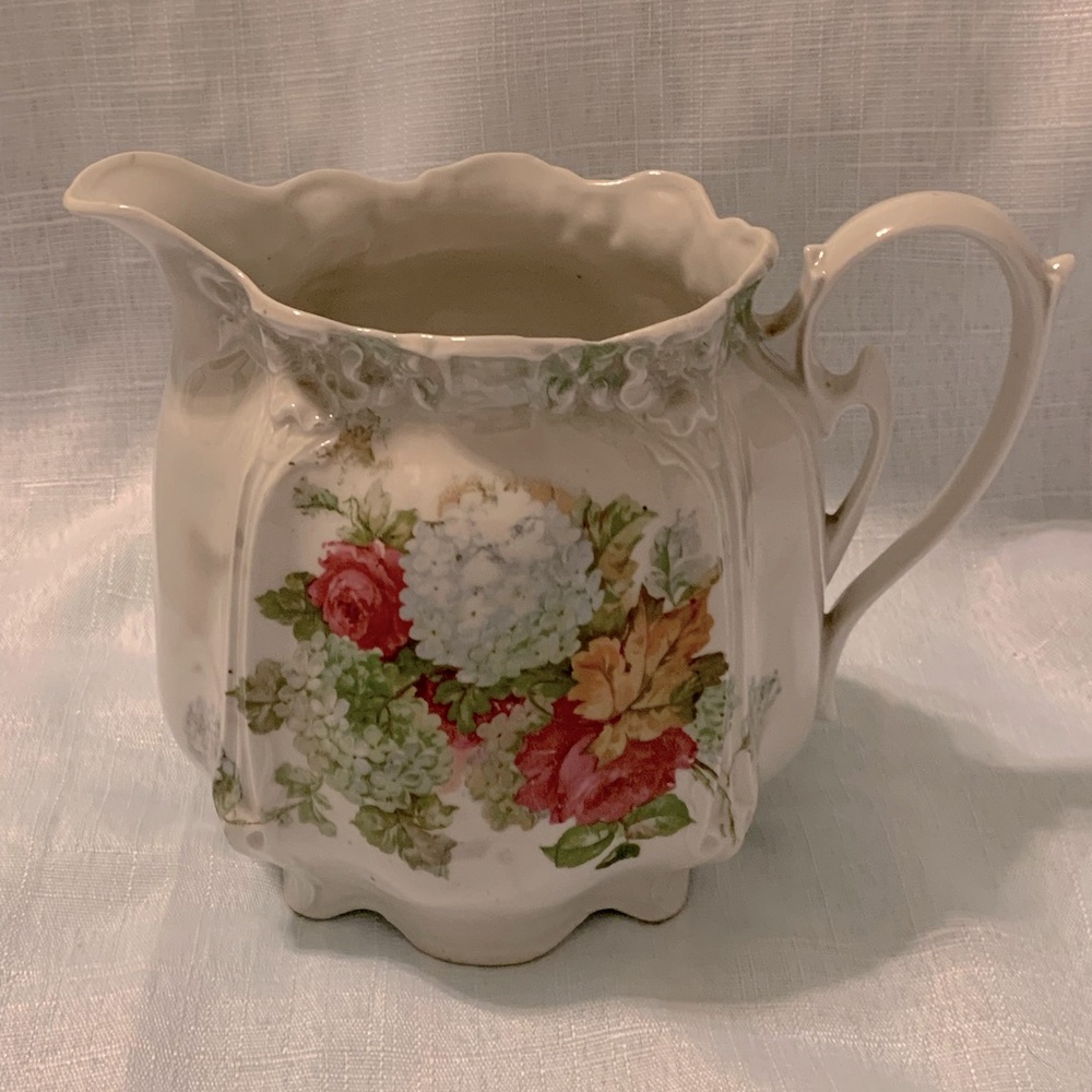 Antique Germany Small Porcelain Creamer Pitcher Roses Hyacinths Floral 813 2
